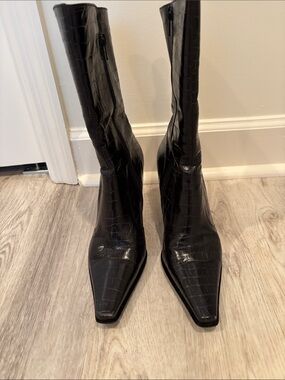 Kenneth Cole Black Croc-Embossed Pointed Toe Knee Boots